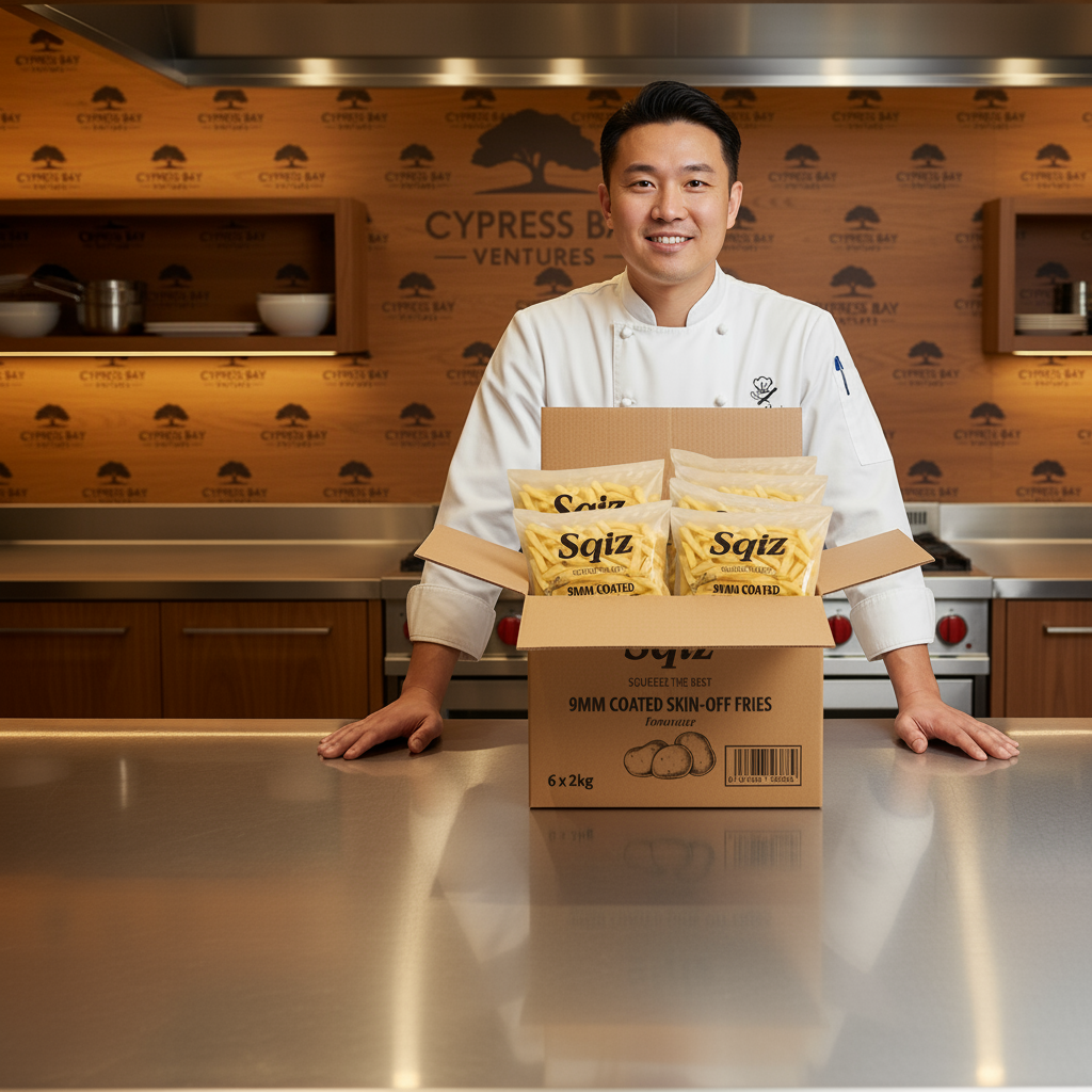 셰프가 Sqiz 9MM 코팅 감자튀김 박스를 선보이는 모습