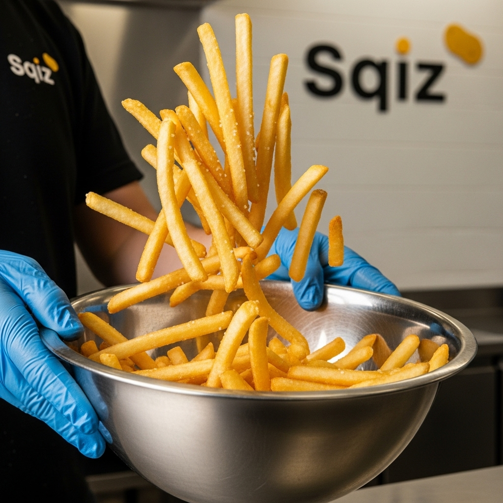 Sqiz 크루가 황금빛 감자튀김을 시즈닝하는 현장